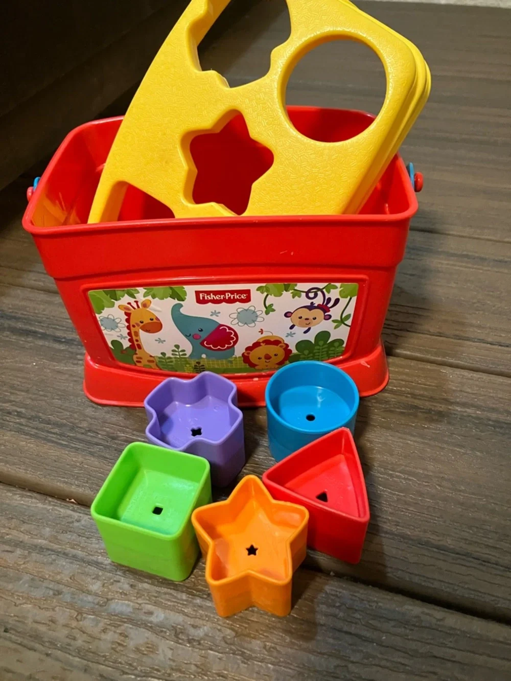 Fisher-Price Red Shape-Sorting Bucket with Yellow Lid and Multicolor Shapes